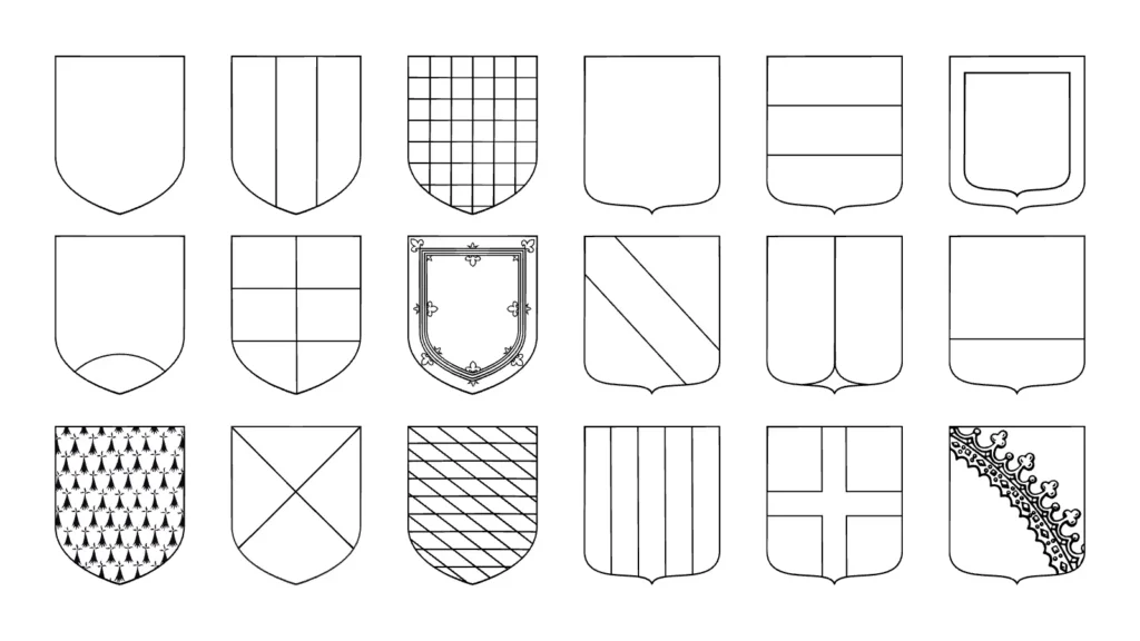 A set of 18 printable coat of arms templates with blank shield outlines