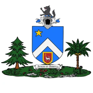 250627 &#8211; Ecu avec écu en pointe et cimier avec Loup issant et supports arbres