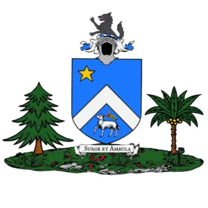 250627 &#8211; Ecu Agnus Dei en pointe et cimier avec Loup issant et supports arbres